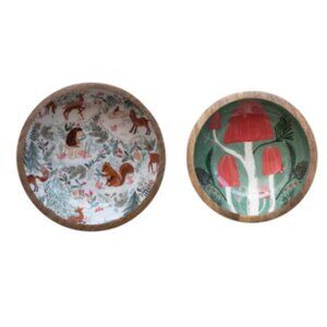 Creative Co-op - Mango Wood Bowls with Woodland Pattern - Set of 2- NWT